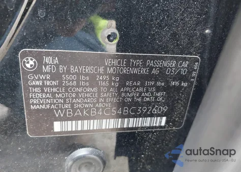 2011 BMW 740Li из США, поврежденный, VIN WBAKB4C54BC392609